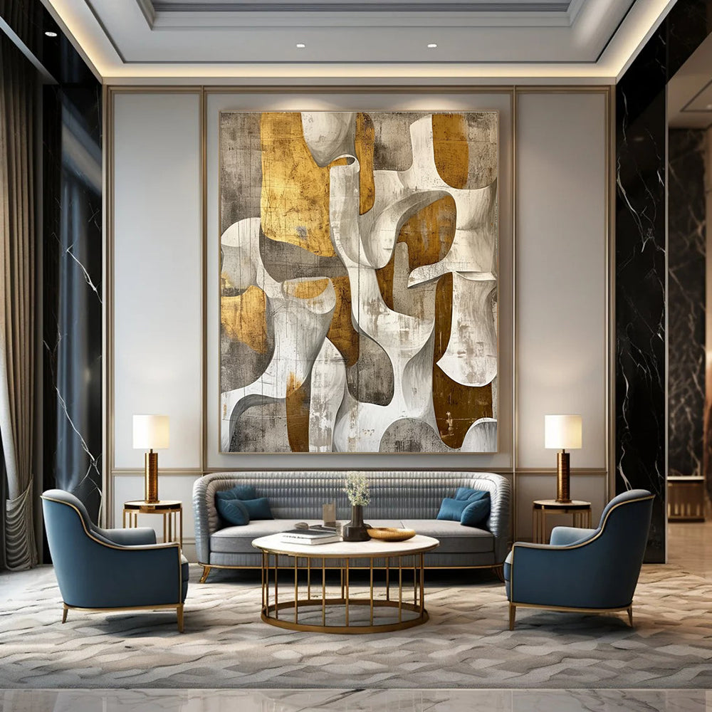 Gold and Gray Abstract Painting for Luxury Hotel Lobby Lounges HENG011