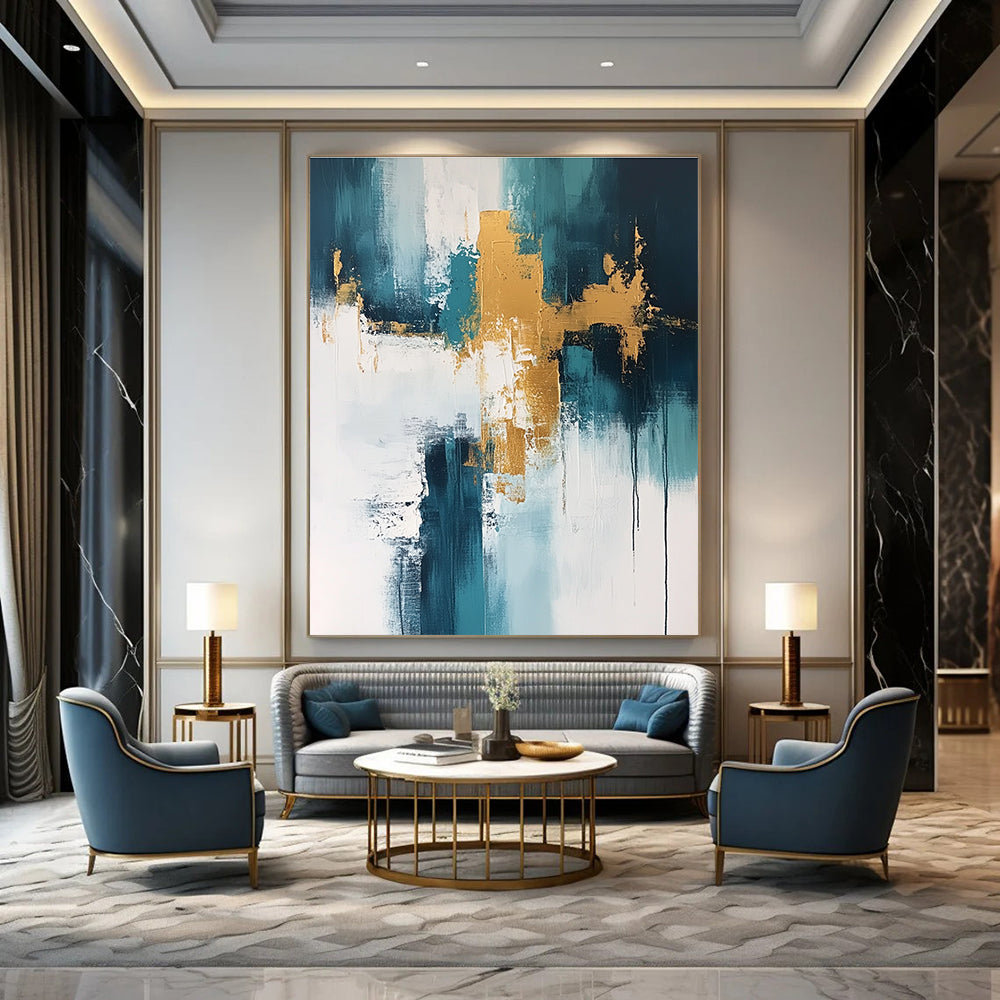 Teal and Gold Abstract Painting for Modern Beachfront Residences GAB0895
