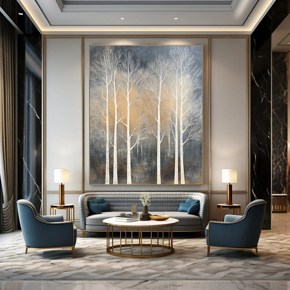 White Trees on Dark Background Abstract Painting for Nature - Inspired Living Rooms GAB0816