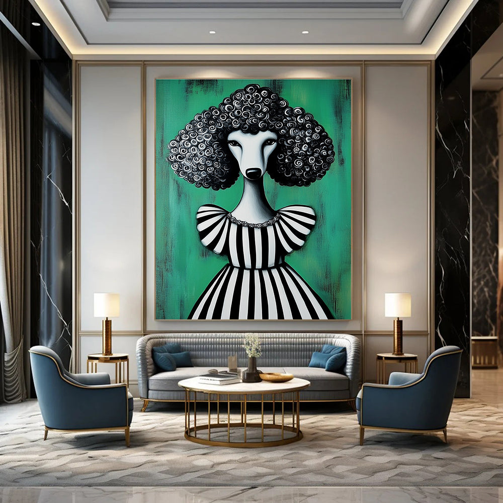 Poodle in Striped Dress Painting of Elegant Quirkiness GAB0134