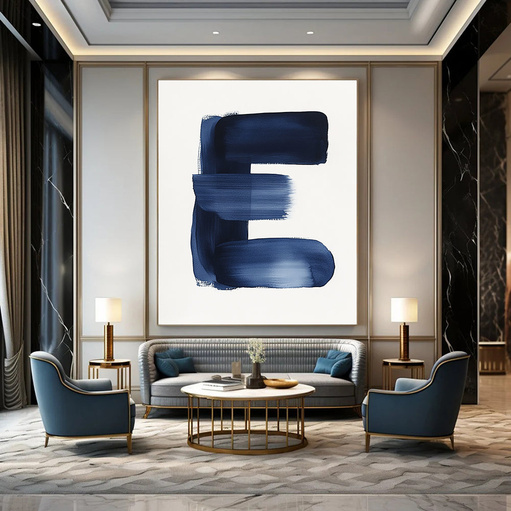 Bold Blue Letter E Graphic Monogram Abstract Painting GAB0234