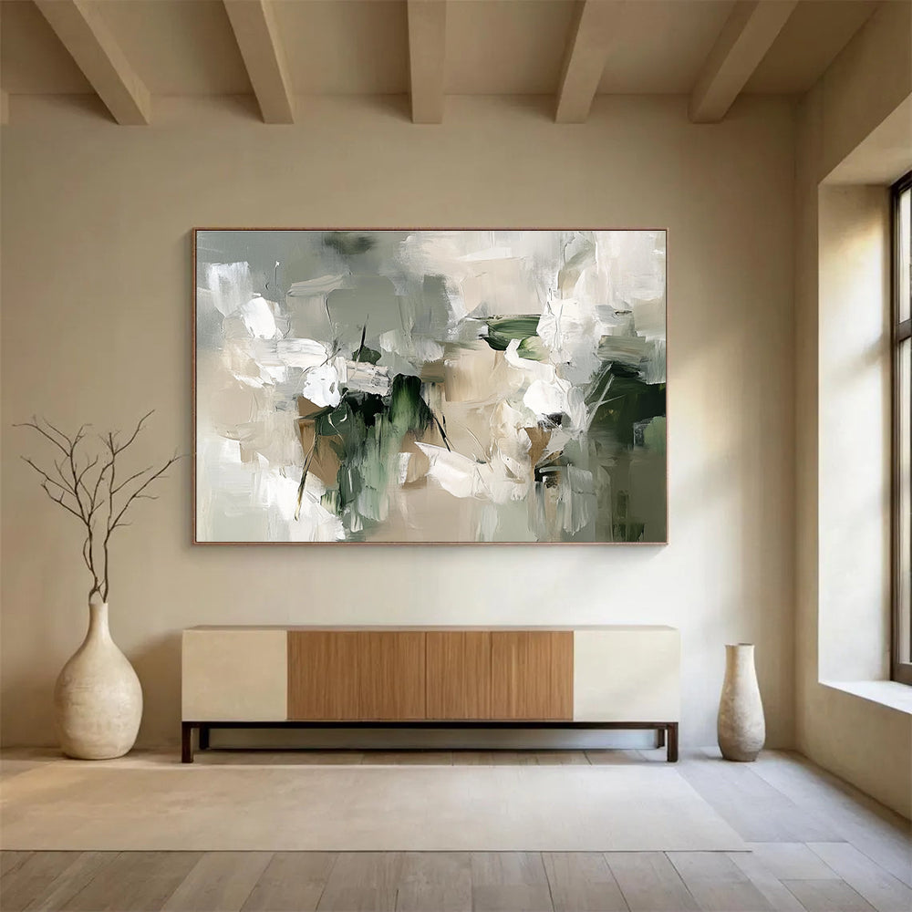 Gray - Green Abstract Blooms Painting with Subtle, Elegant Florals ABS509