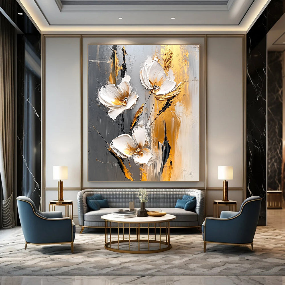 3D Gold Accent Flowers Abstract Painting for Glamorous Dining GAB0765
