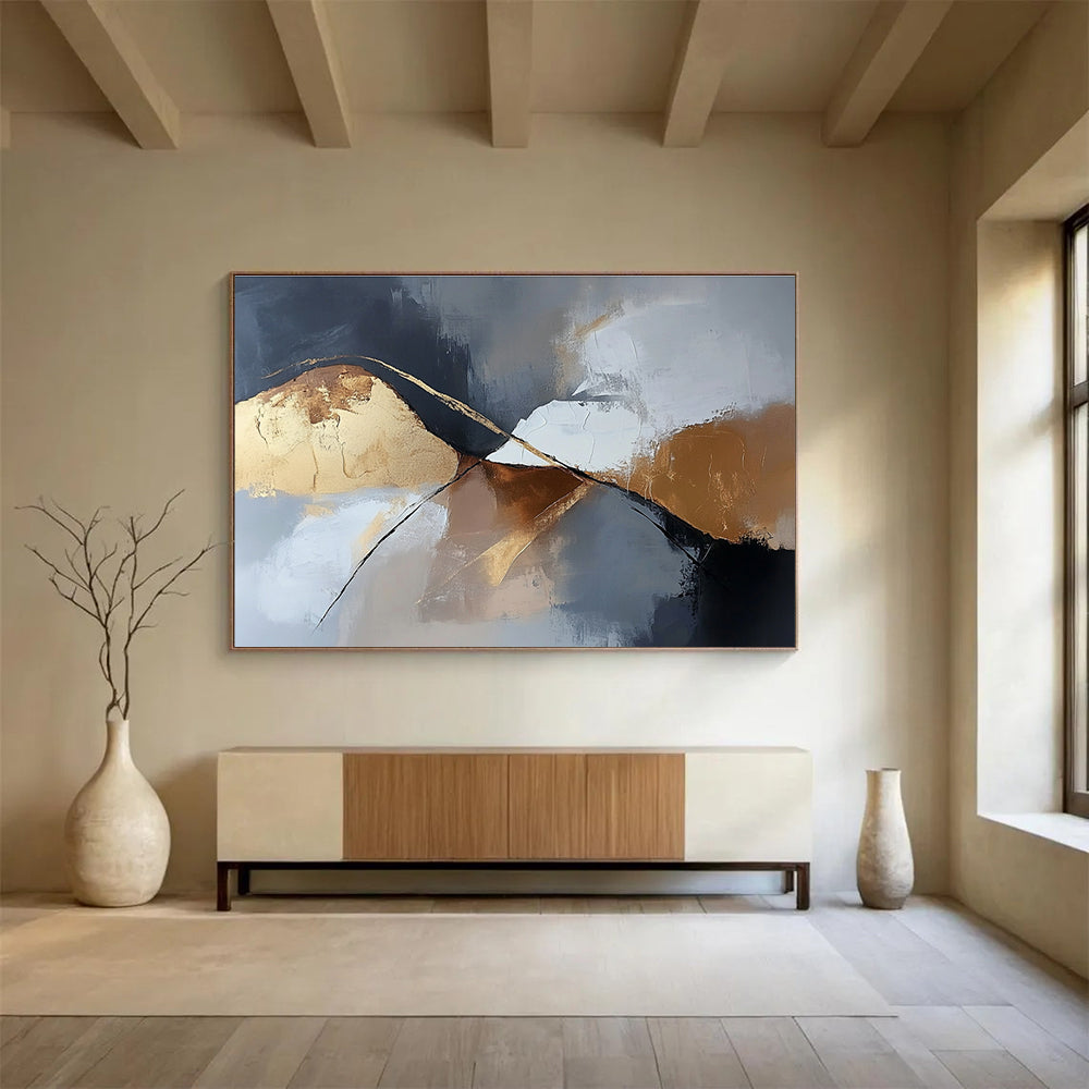 Gold - Accented Mountain Abstract Painting with Dramatic, Minimalist Peaks ABS485