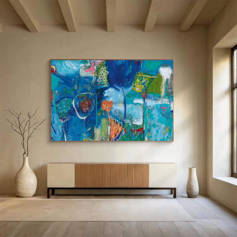 Blue Floral Abstract Painting for Serene Spa Interiors YHT234