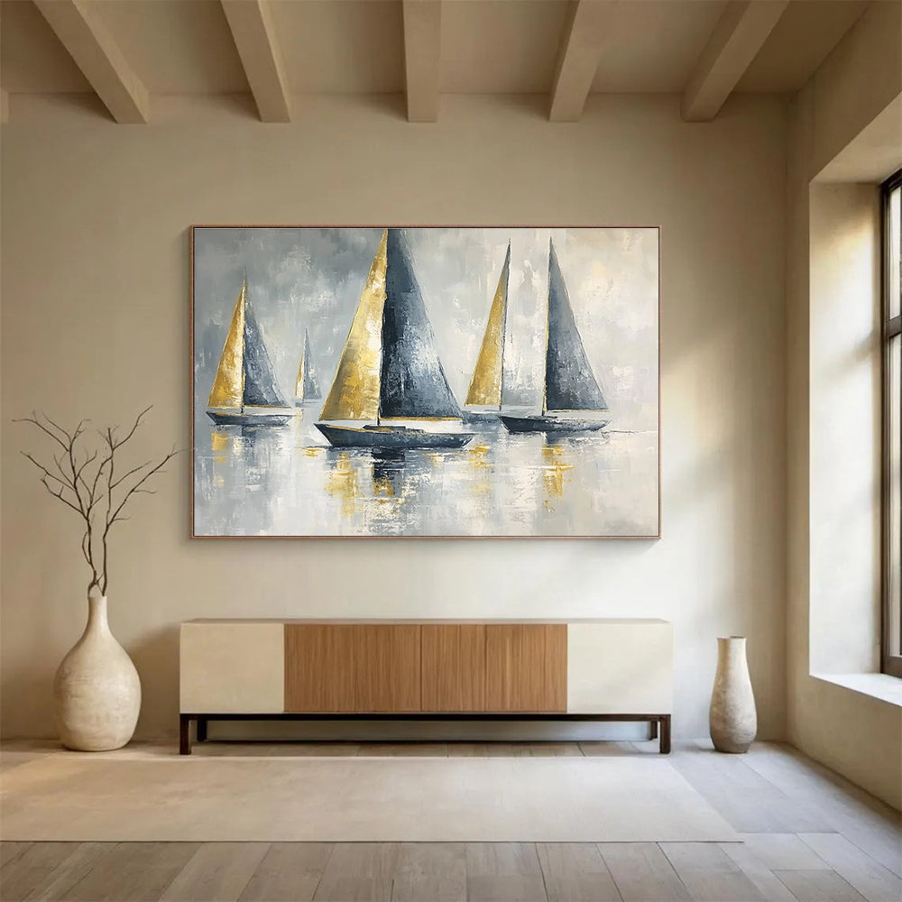 Sailboats with Gold Sails Abstract Painting with Luxe Maritime Vibe ABS607