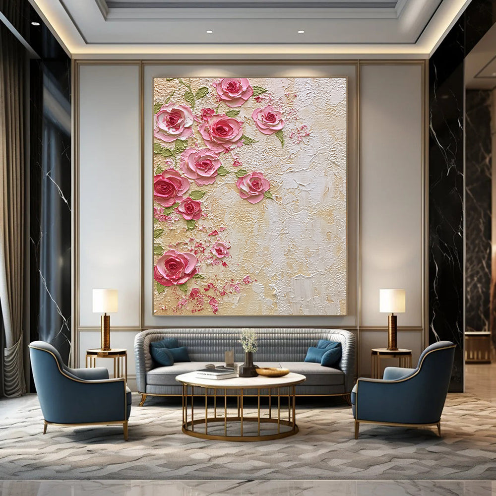 Pink Roses on Textured Wall Abstract Painting with 3D Effect GAB0051