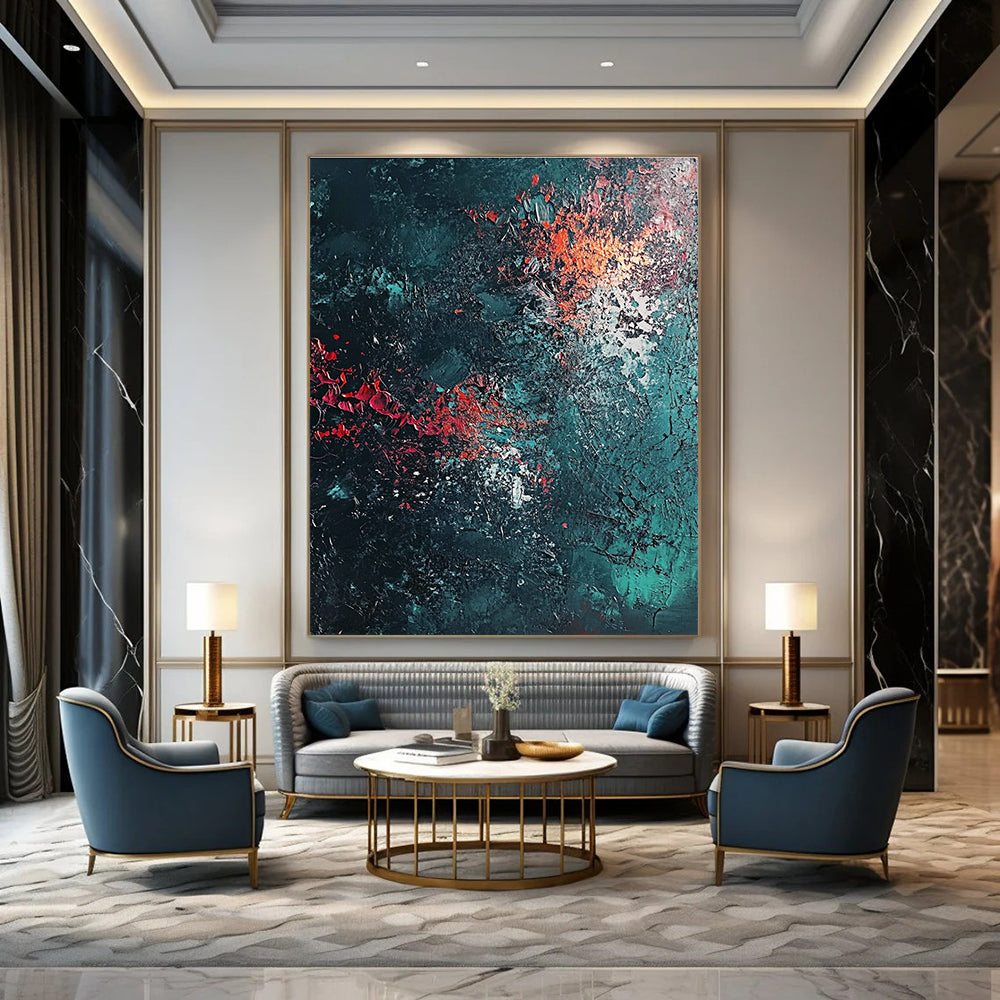 Dark Teal and Red Abstract Painting for Intimate Wine Bars GAB0857