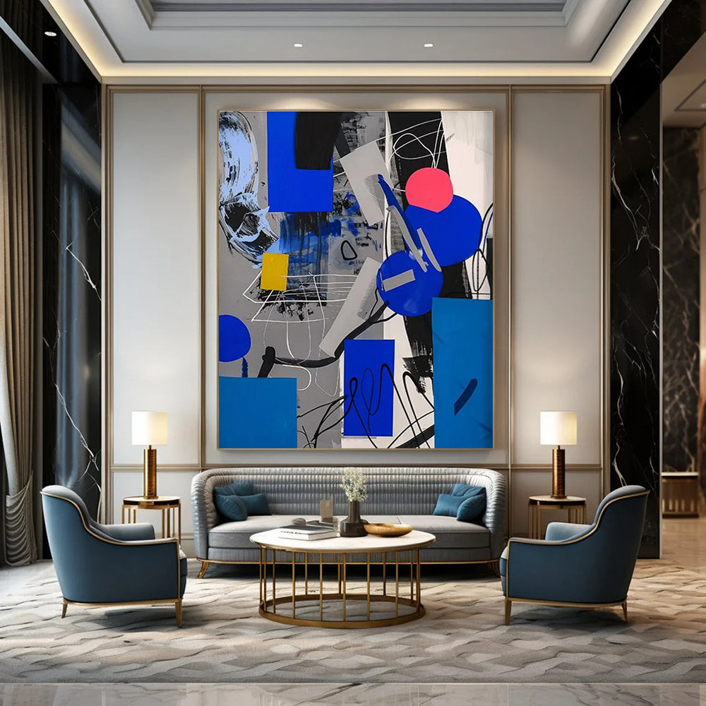 Blue - Gray Geometric Abstract Painting for Modern Office Lobbies HENG110