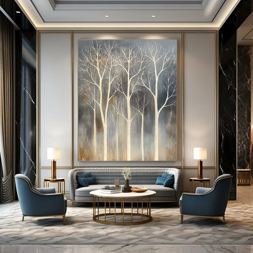 White Trees on Dark Background Abstract Painting for Contemporary Forest - Themed Galleries GAB0817