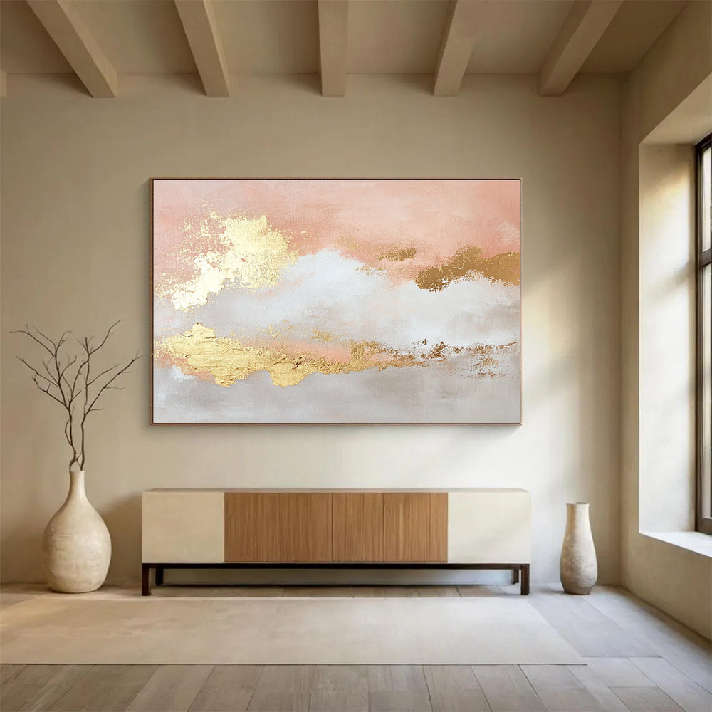 Pink and Gold Abstract Clouds Painting with Dreamy Tones ABS395