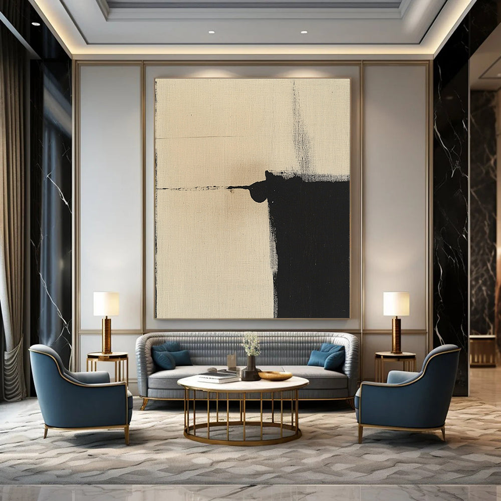 Minimalist Black and Beige Abstract Painting of Quiet Contrast GAB0213