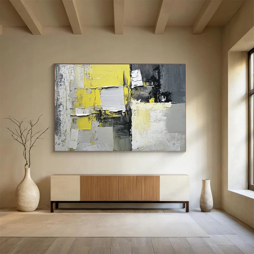 Yellow, Gray and Black Collage Abstract Painting with Textured Layers ABS399