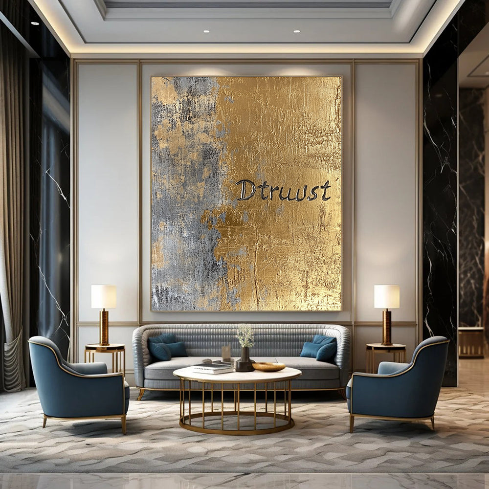Gold and Gray “Dtruust” Abstract Painting of Inspirational Text GAB0136