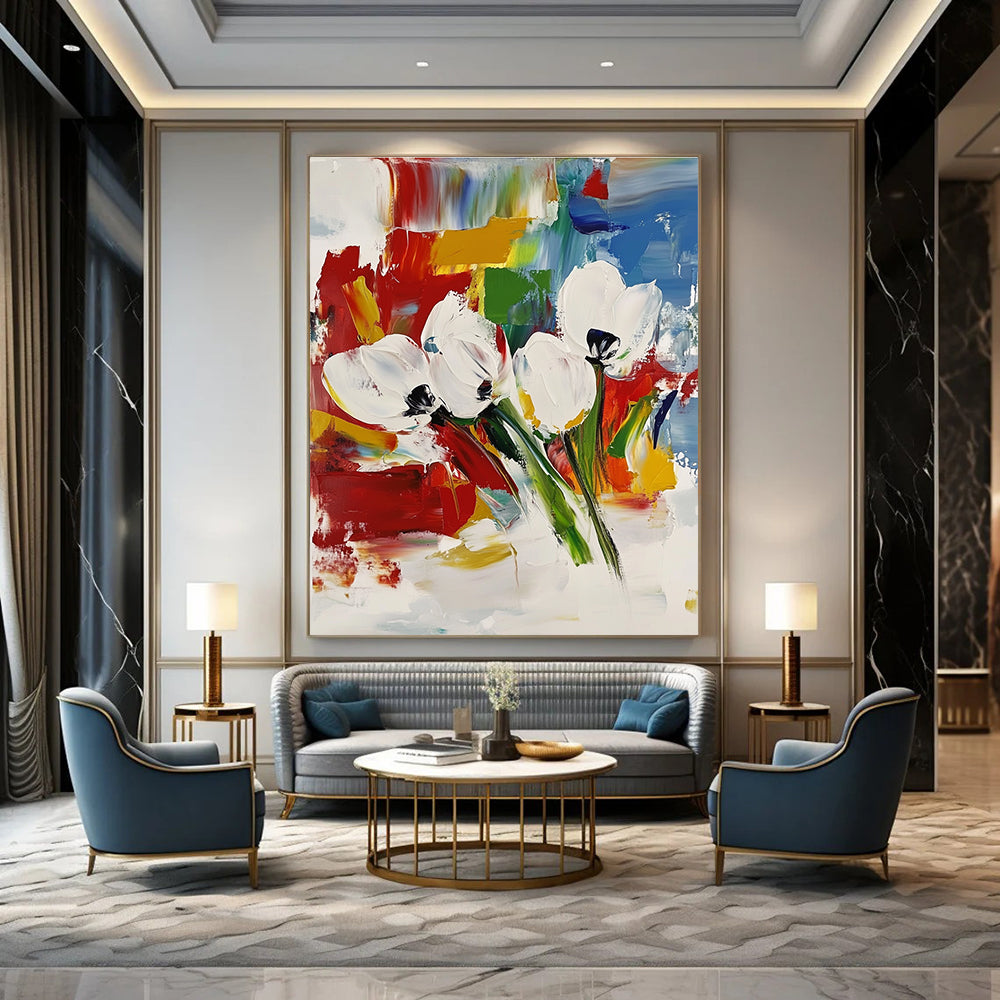 White Blooms on Color Abstract Painting for Modern Bridal Suites GAB0763