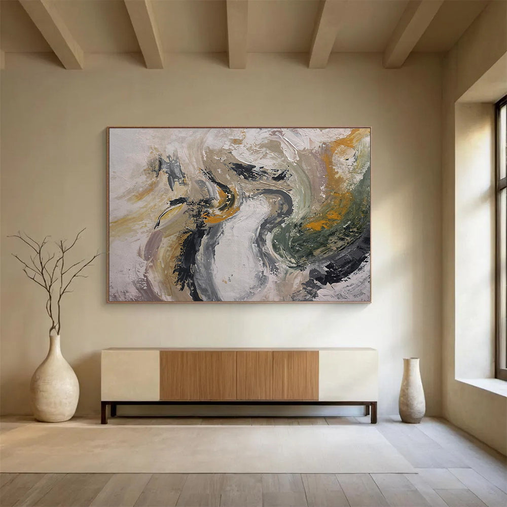 Gray - Gold - Green Abstract Painting for Modern Wellness Retreats YHT387