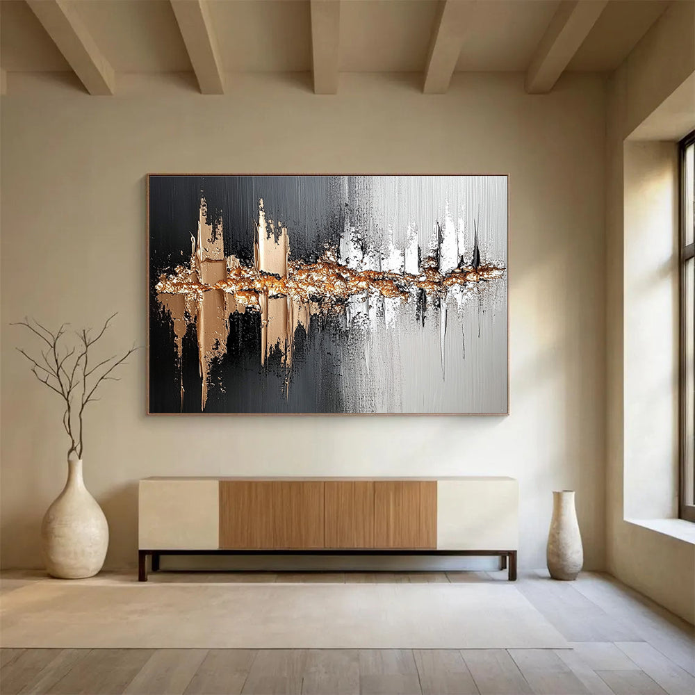 Black, White, and Gold Textured Abstract Painting ABS303