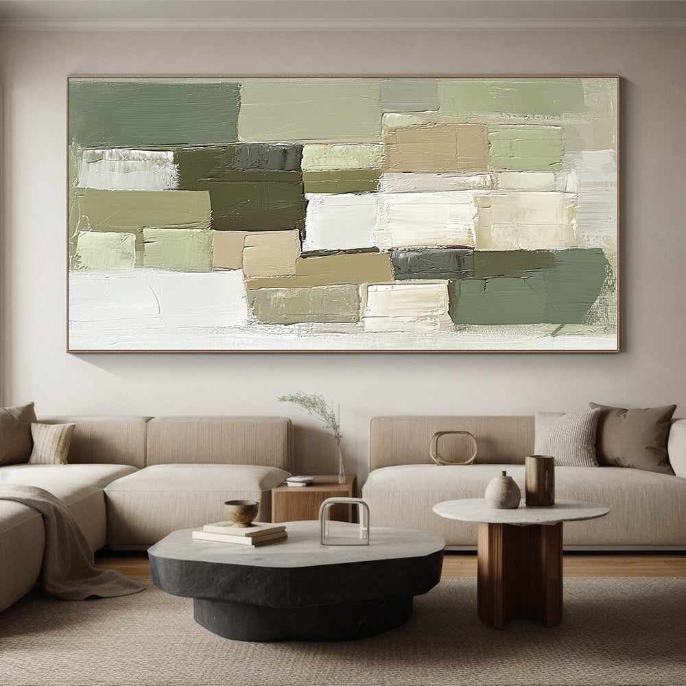 Green and Neutral Tones Abstract Painting with Textured Squares WINK811
