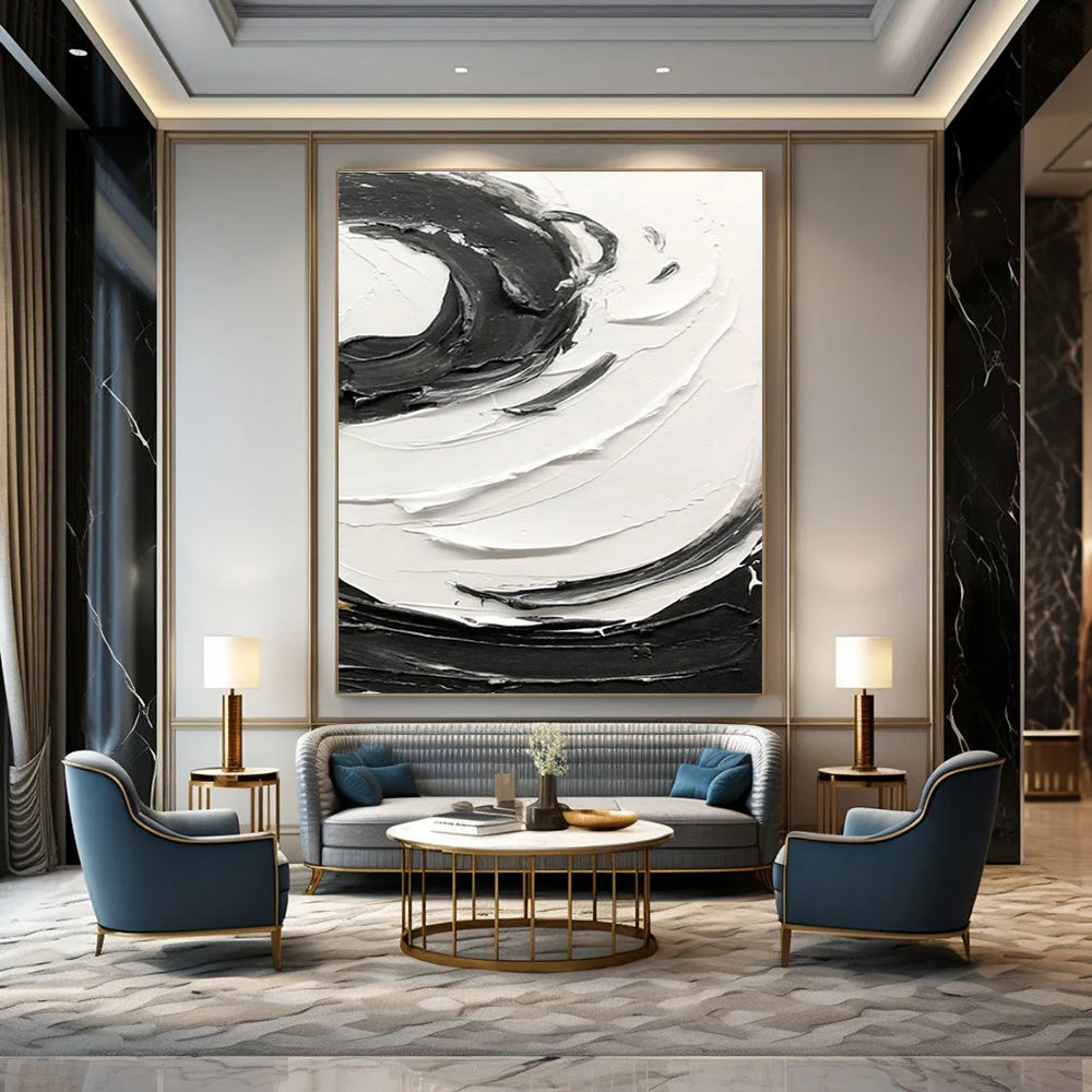 Black - White Swirl Textured Abstract Painting for Modern Living Rooms HENG380