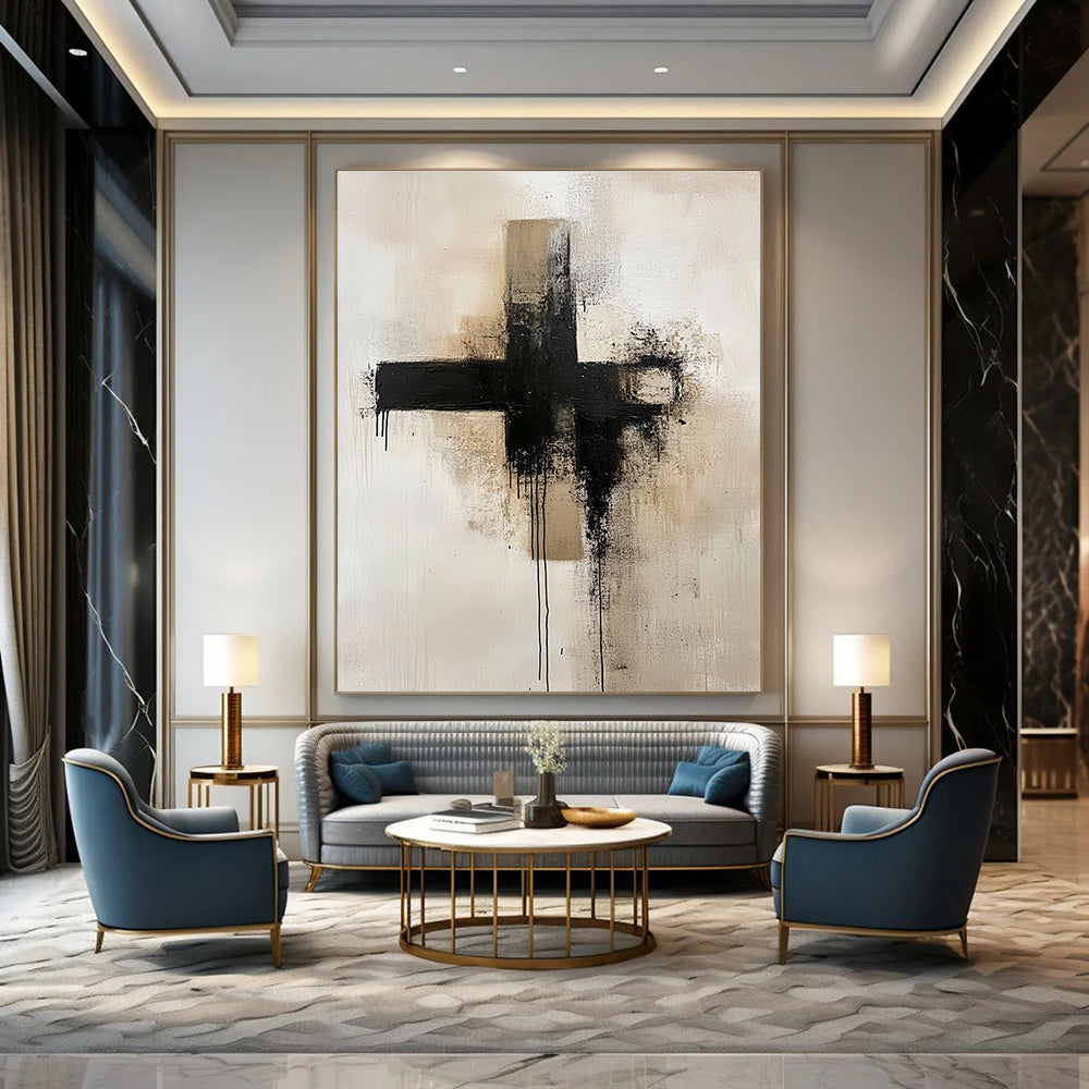 Dripping Black Cross Abstract Painting for Contemporary Art Galleries GAB1102