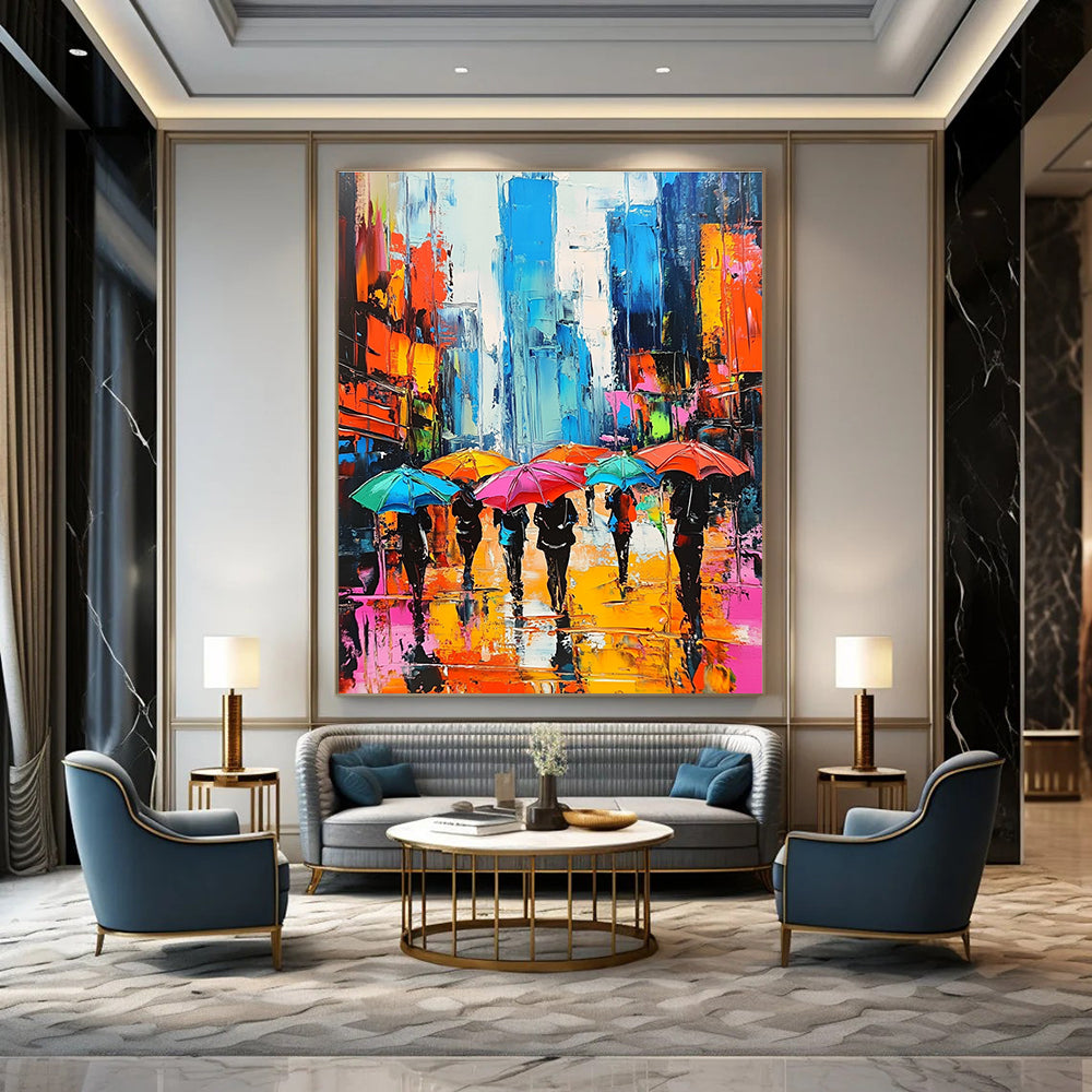 Colorful City Umbrella Scene Abstract Painting for Urban - Themed Restaurants GAB1266