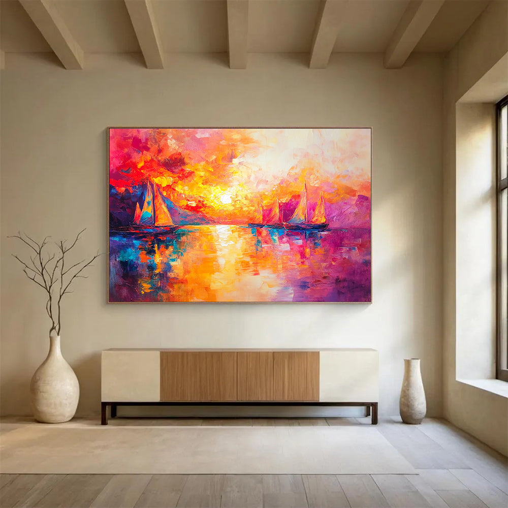 Colorful Sunset Sailboats with Vivid Palette Abstract Painting ABS321