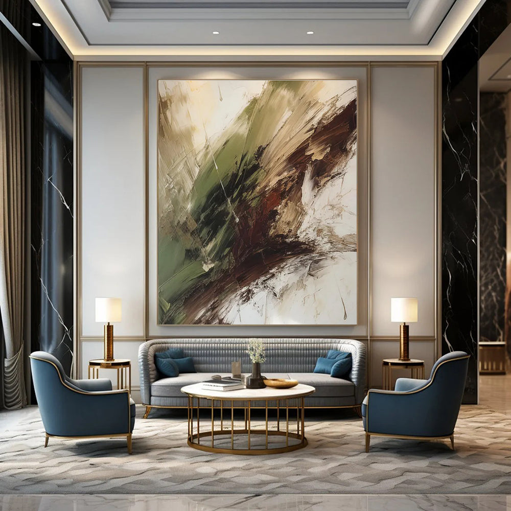 Green - Brown - White Abstract Painting for Nature - Lover Living Rooms HENG118