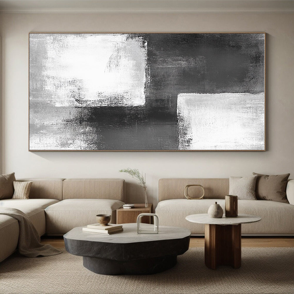 Black - White Abstract Squares Painting with Geometric Intrigue WINK421