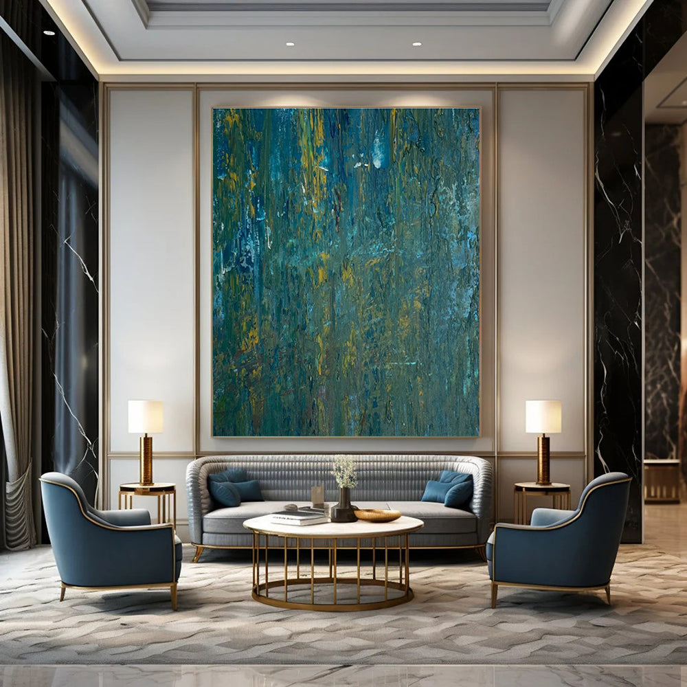 Teal and Yellow Textured Abstract Painting for Modern Beach Houses HENG461