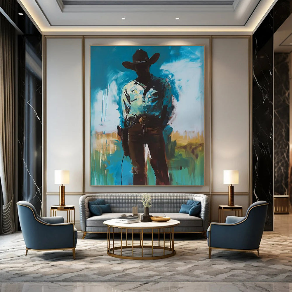 Silhouetted Cowboy Abstract Painting for Western - Themed Bars HENG102