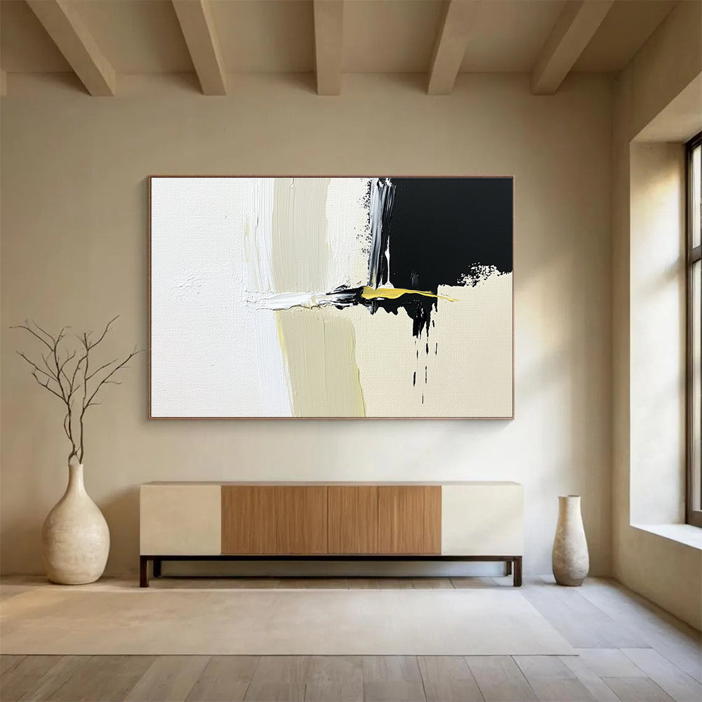 Black, White, and Yellow Abstract with Bold Brushstrokes Abstract Painting ABS365
