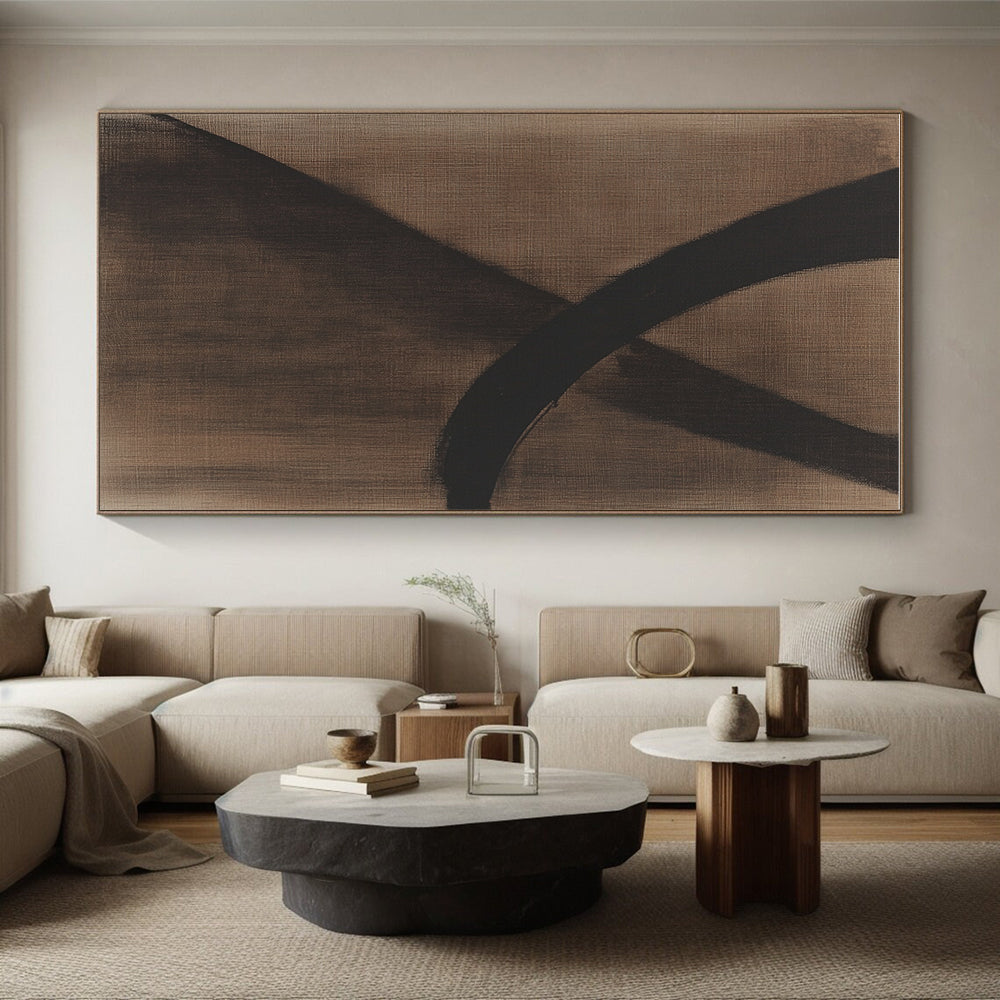 Black Curved Lines on Brown Abstract Painting with Bold Grace WINK046