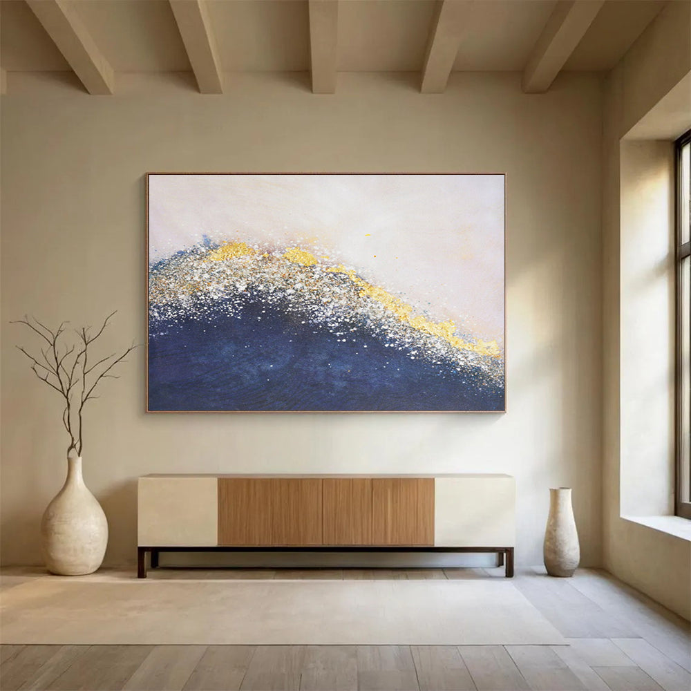 Golden Sparkle Wave Abstract Painting for Elegant Living Rooms YHT270