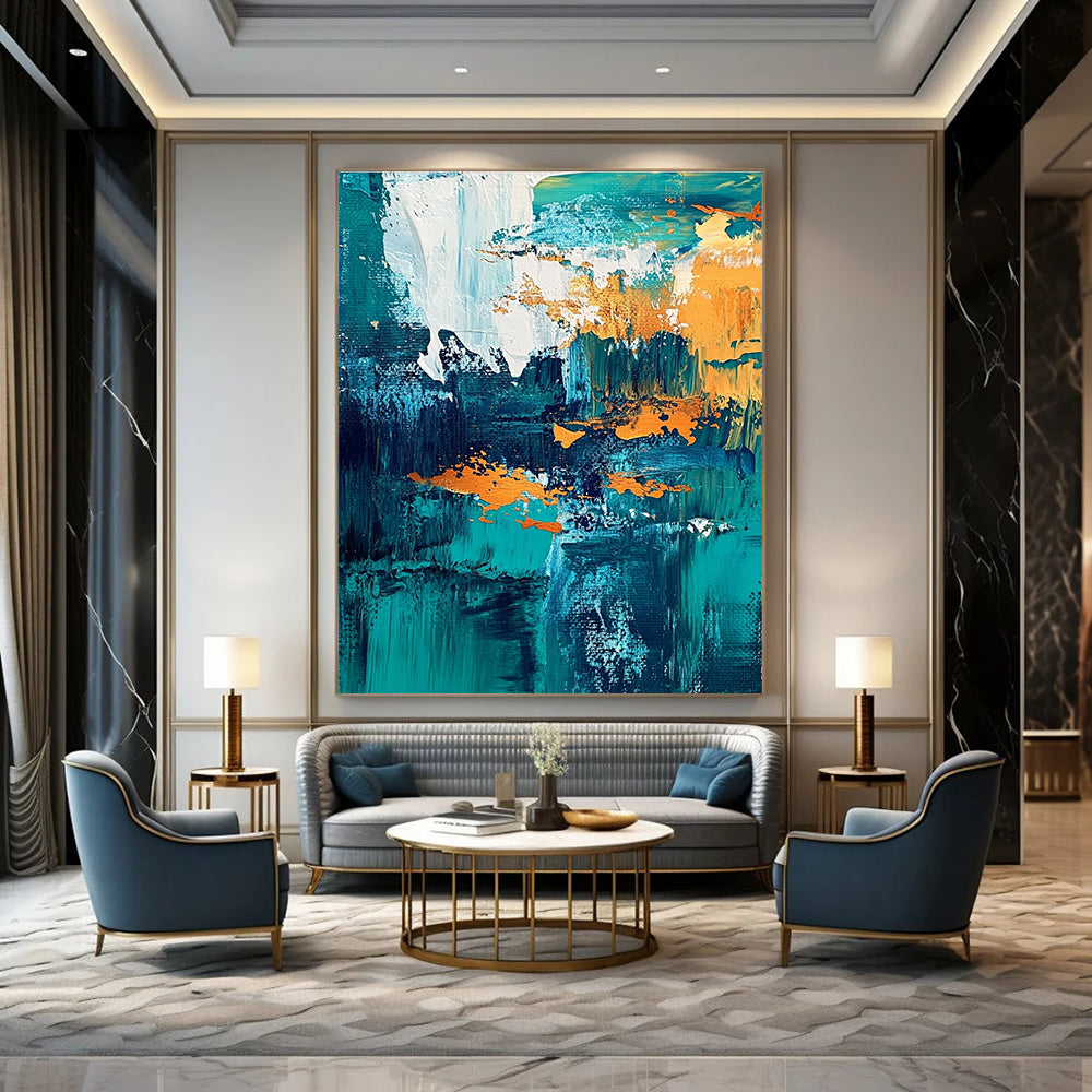 Teal and Gold Abstract Composition Painting for Coastal - Inspired Residences GAB1168
