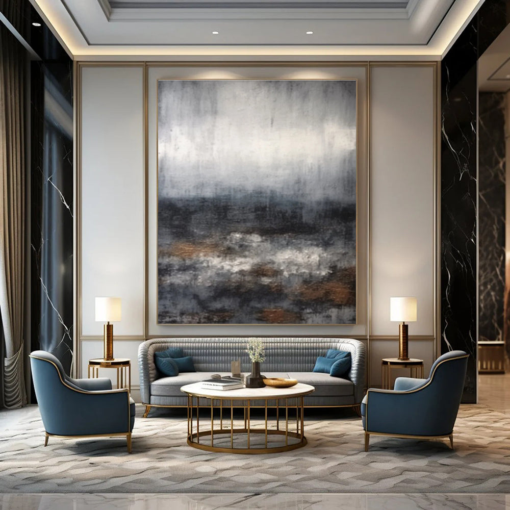 Gray Toned Abstract Landscape with Hints of Brown Painting for Serene Home Offices HENG368