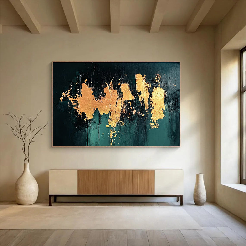 Gold Splash on Green Abstract Painting with Luxurious Accents ABS418
