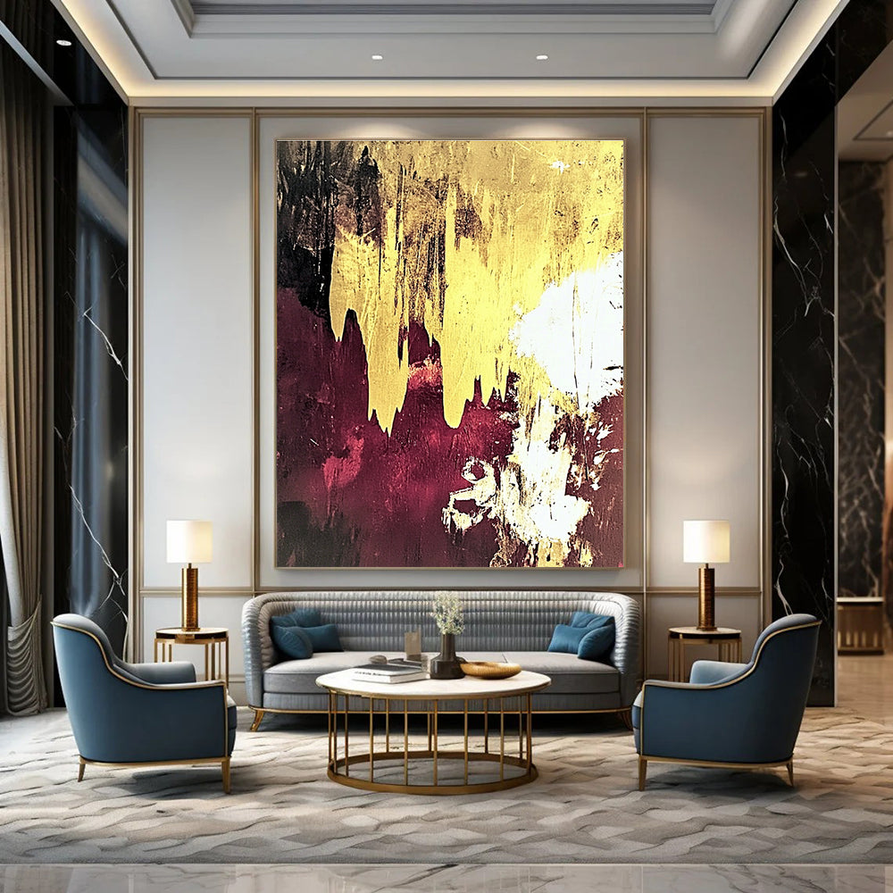 Gold Drip on Maroon Abstract Painting for Opulent Lounges GAB0764