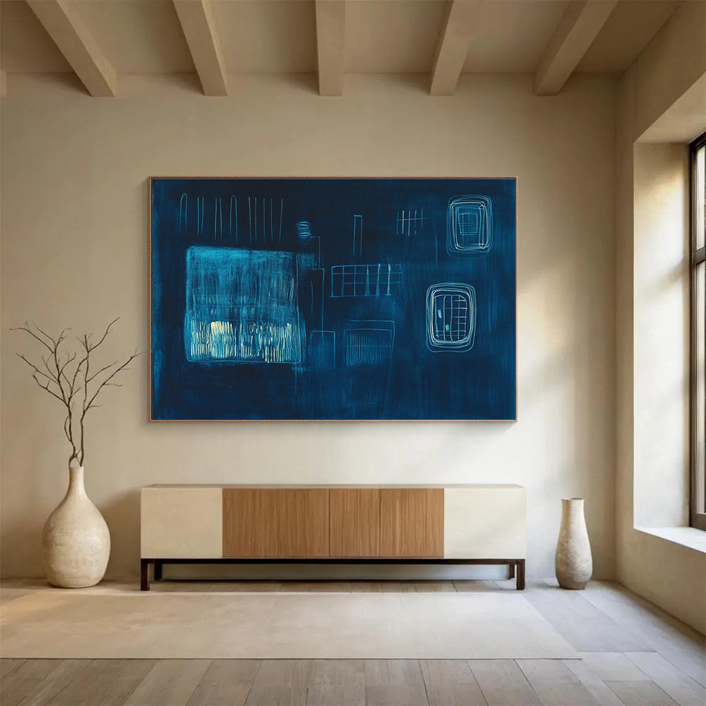 Dark Blue Abstract Forms Painting with Subtle, Mysterious Compositions ABS506