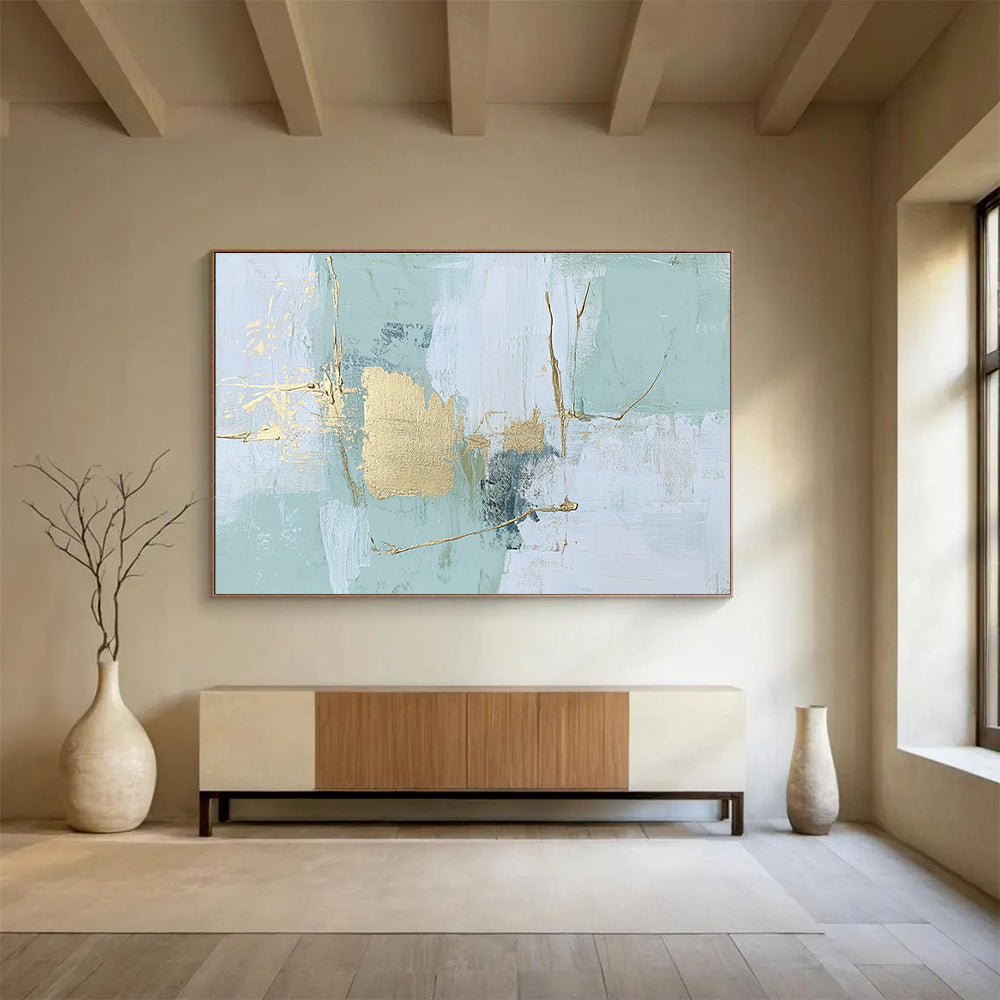 Mint - Gold Abstract Strokes Painting with Subtle, Elegant Accents ABS484