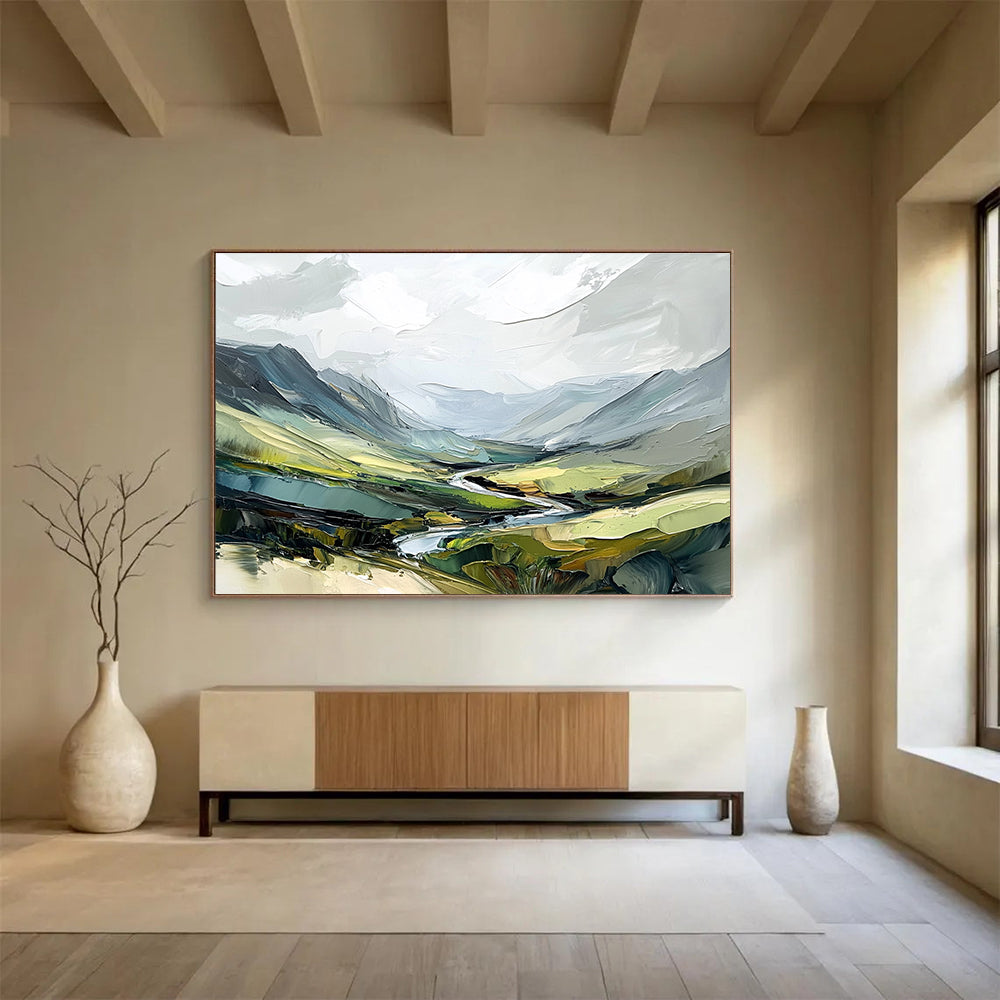 Mountain Valley with River Abstract Painting with Lush Greens ABS597
