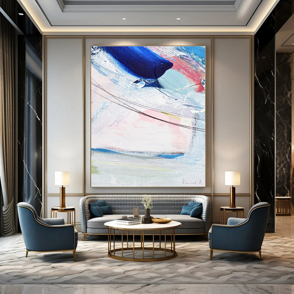 Blue - Pink Abstract with Lines Painting for Modern Living Rooms HENG150