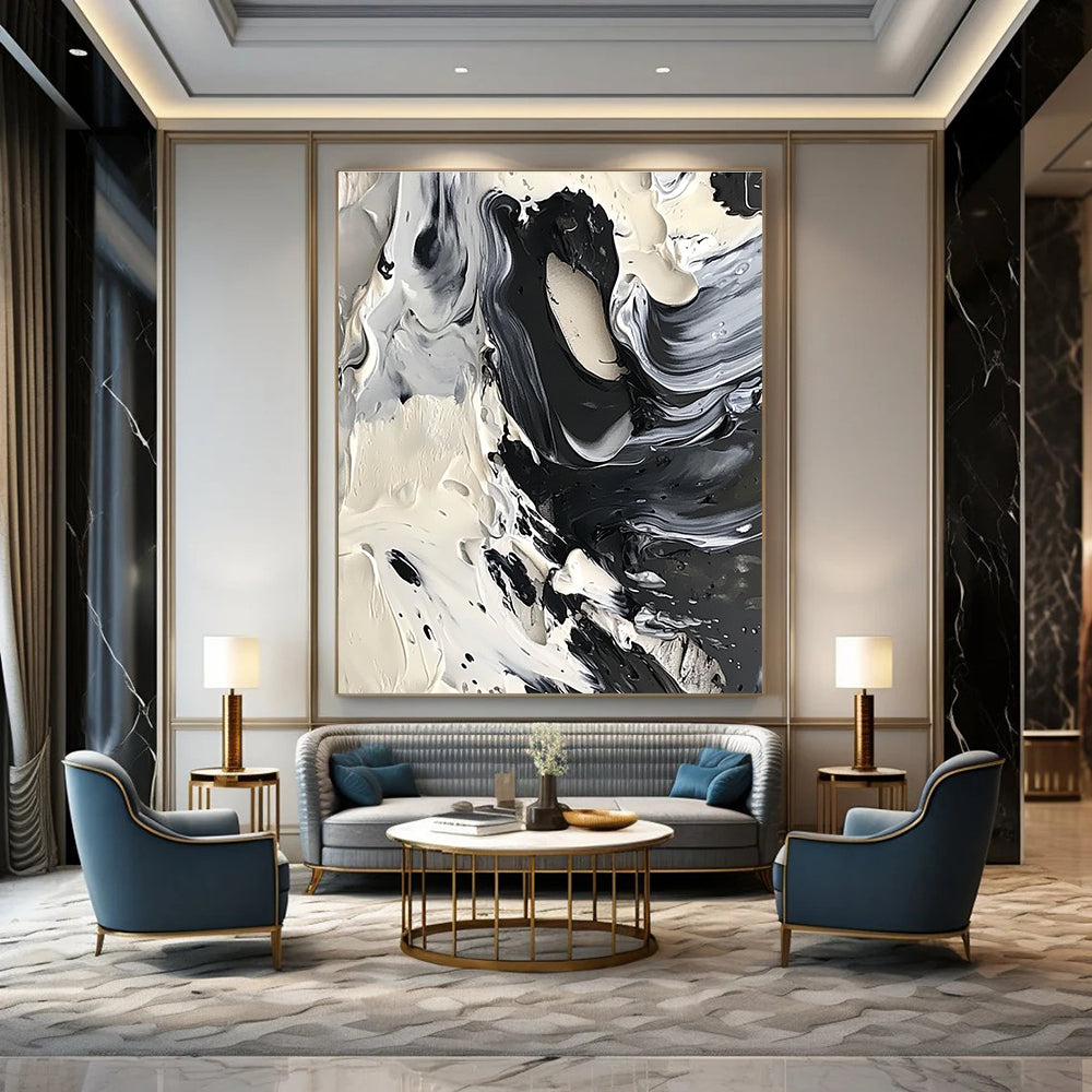 Black and White Swirl Abstract Painting for Minimalist Home Studies GAB1314