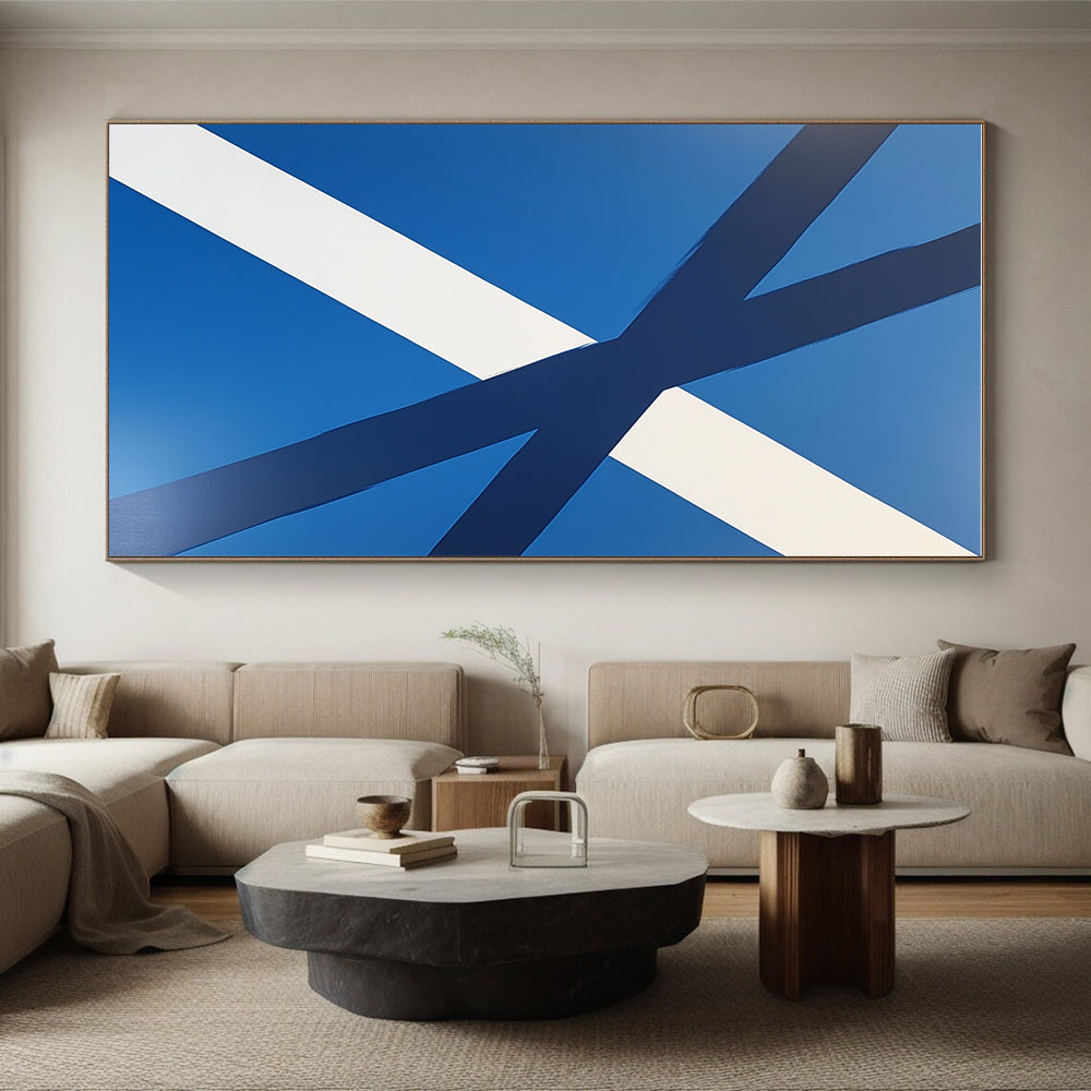 Blue and White Crossed Stripes Abstract Painting with Clean Geometry WINK023