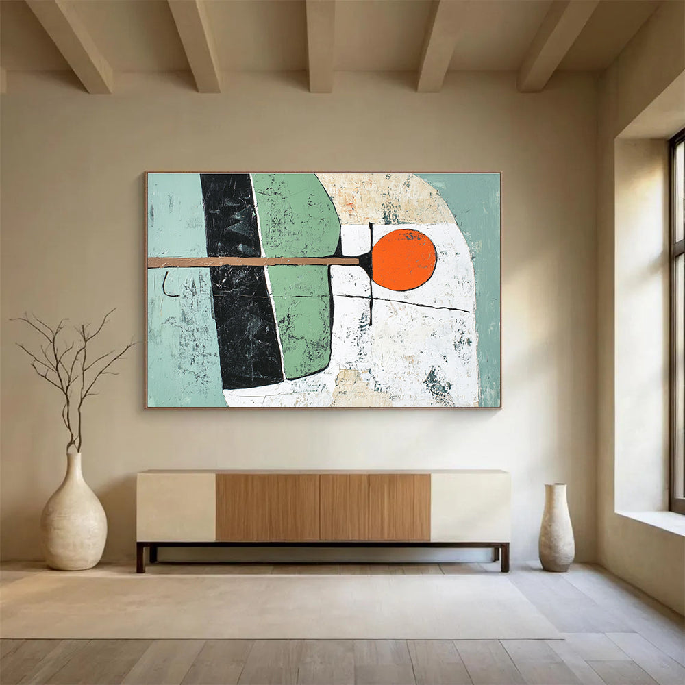 Green and Orange Geometric Shapes with Textured Background Abstract Painting ABS351