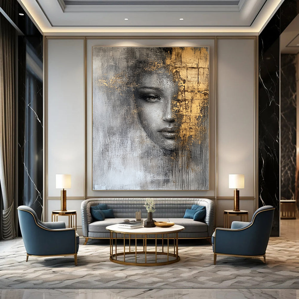 Gray and Gold Portrait Abstract Painting for Luxury Living Rooms GAB0973