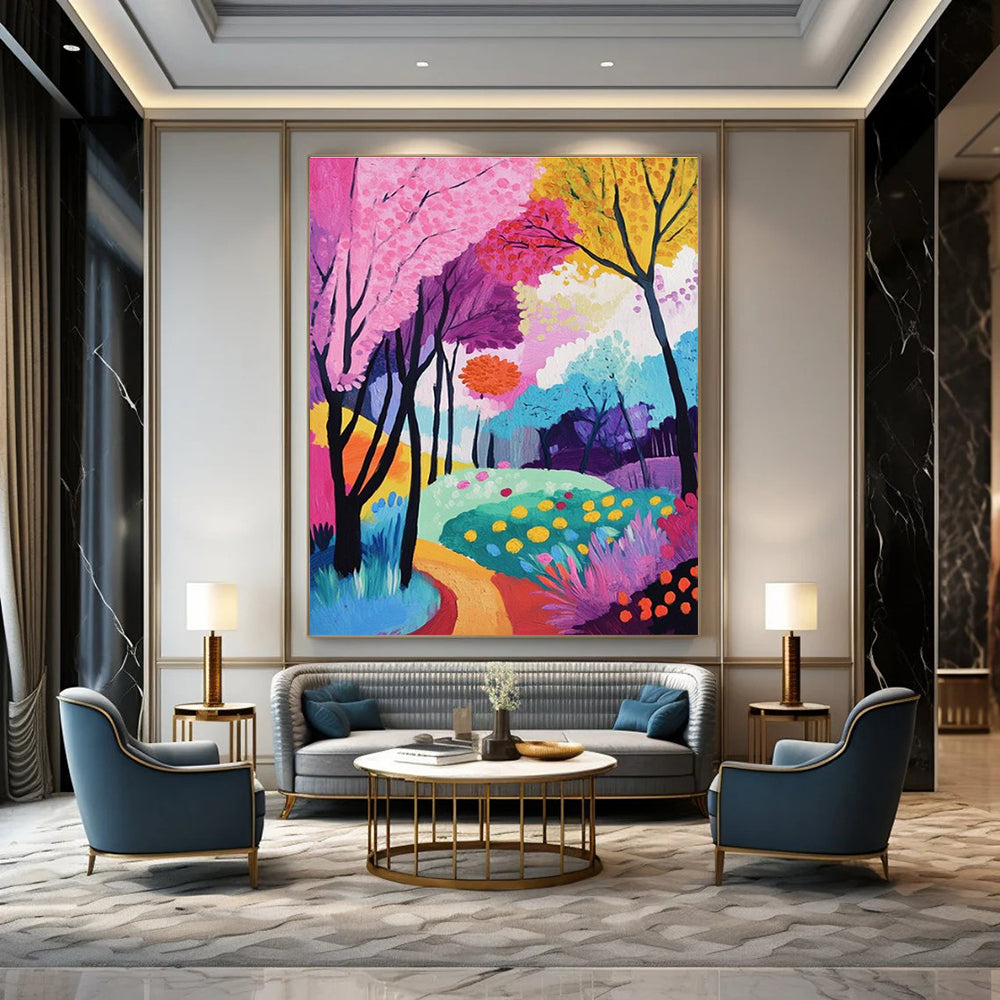 Vibrant Colorful Forest Abstract Painting for Playful Kids' Museums HENG529