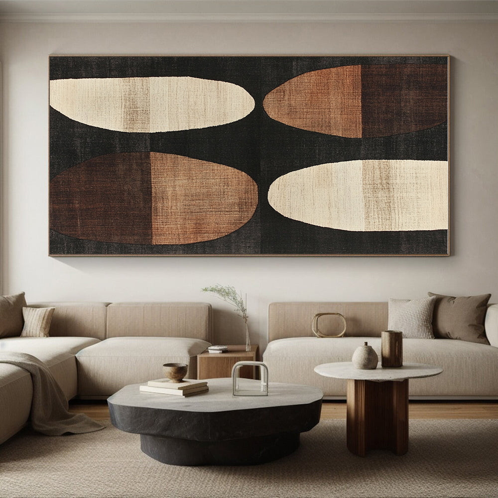 Brown and Black Oval Abstract Painting with Geometric Forms WINK840