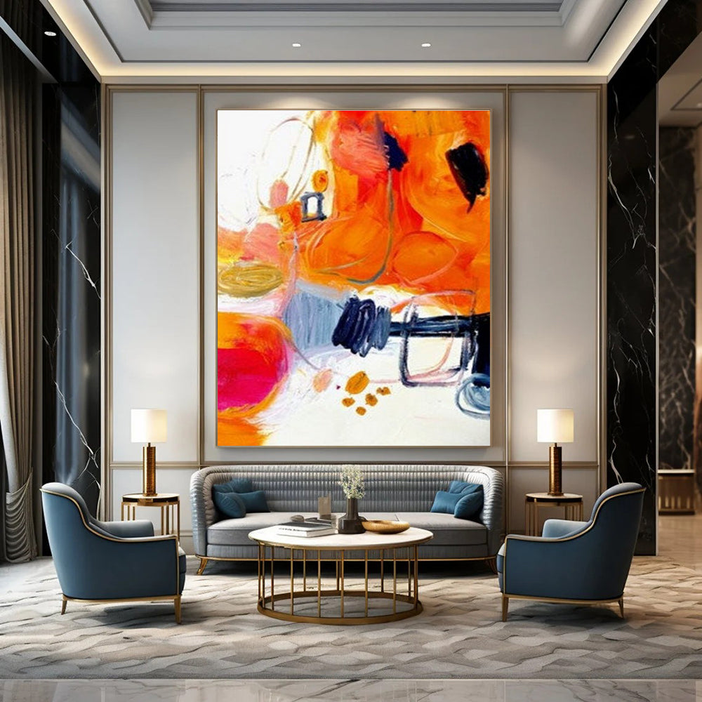 Energetic Orange - Hued Abstract Forms Painting for Creative Spaces HENG272