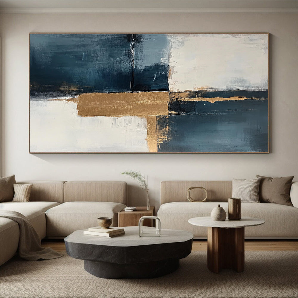 Blue - Gold Abstract Squares Painting with Modern Balance WINK377