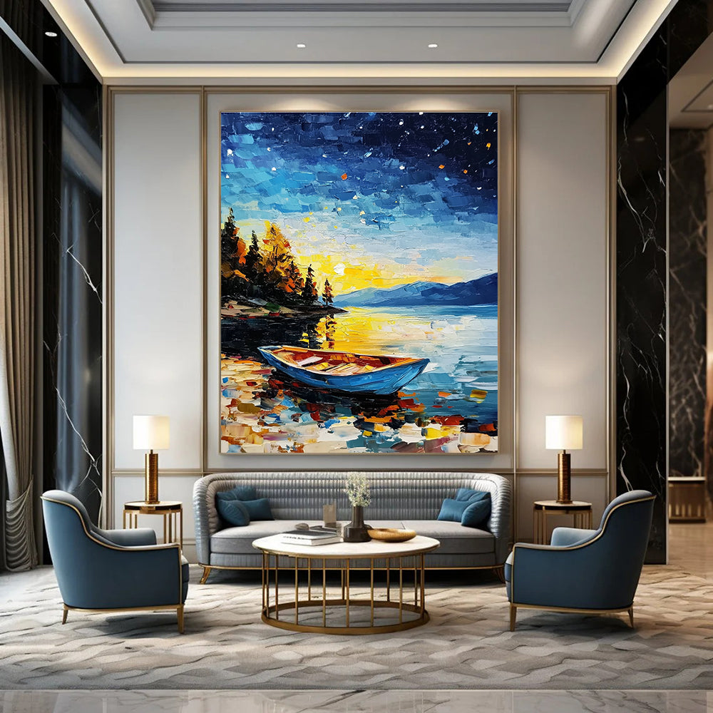 Colorful Lake at Night Abstract Painting for Nautical - Themed Living Rooms GAB1293